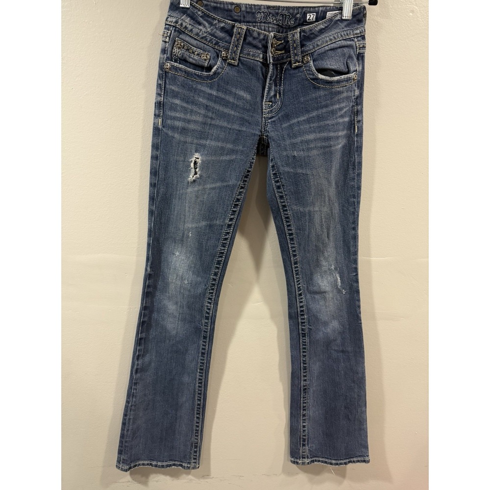 Miss Me Women's Blue Medium Wash Mid Rise Bootcut Jeans, Embellished Size  27